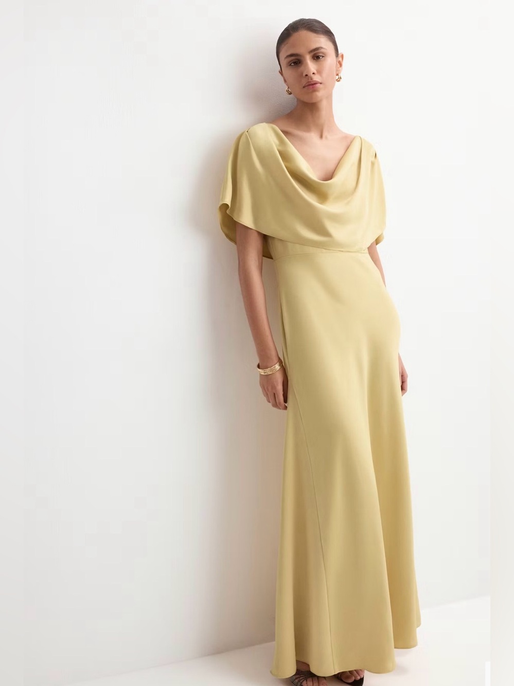 NWT MANGO Draped Neck Satin Maxi Dress Beige M $140